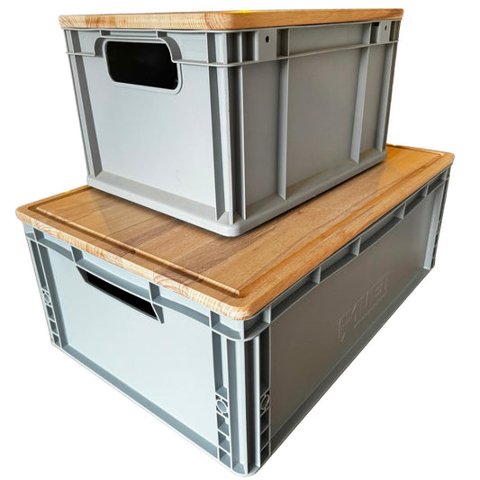 Brotzeitbrett und Eurobox Deckel aus Buche, Sitz, Tisch und Schneidebrett