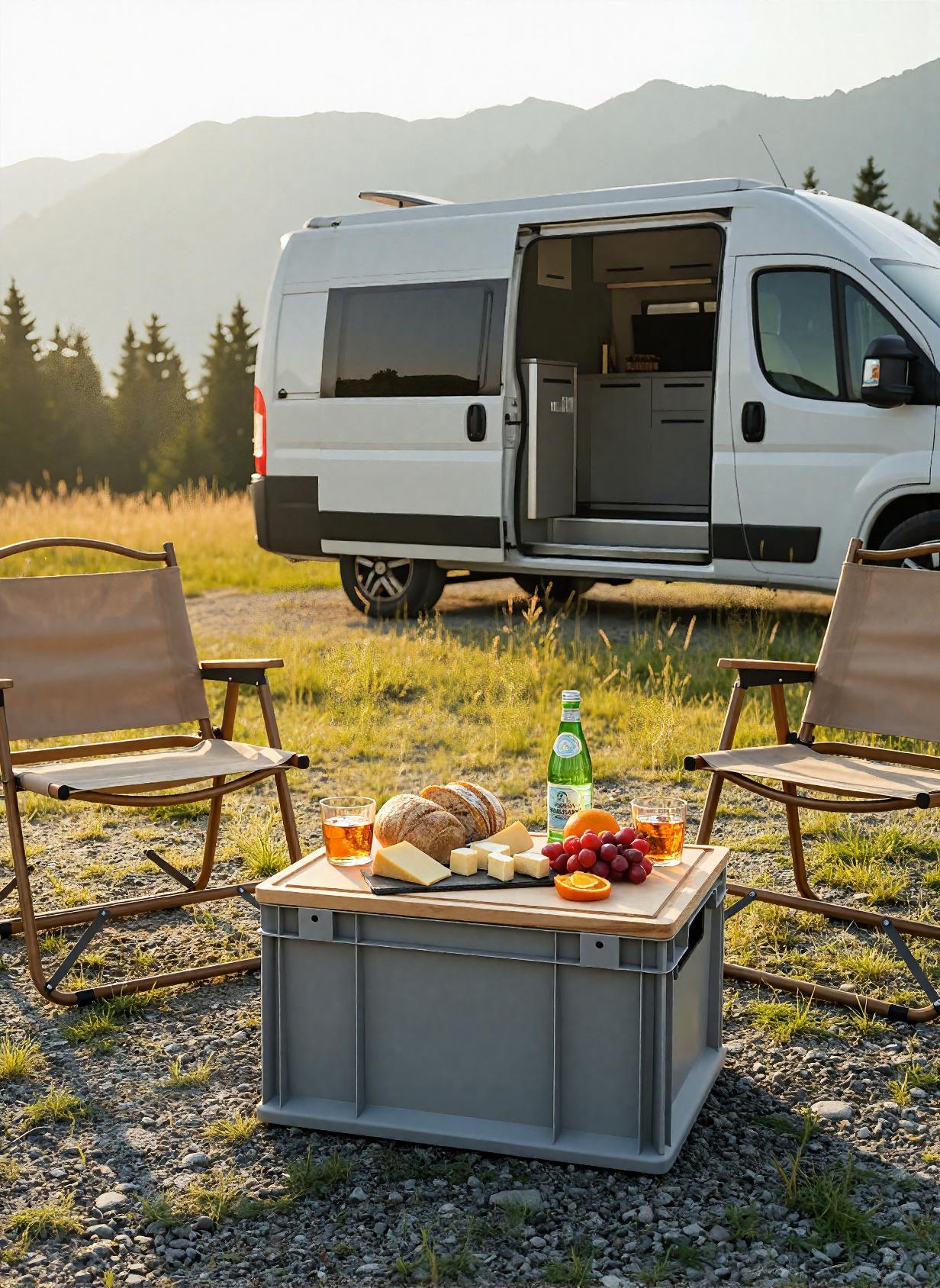 Brotzeitbrett und Eurobox Deckel aus Buche, Sitz, Tisch und Schneidebrett