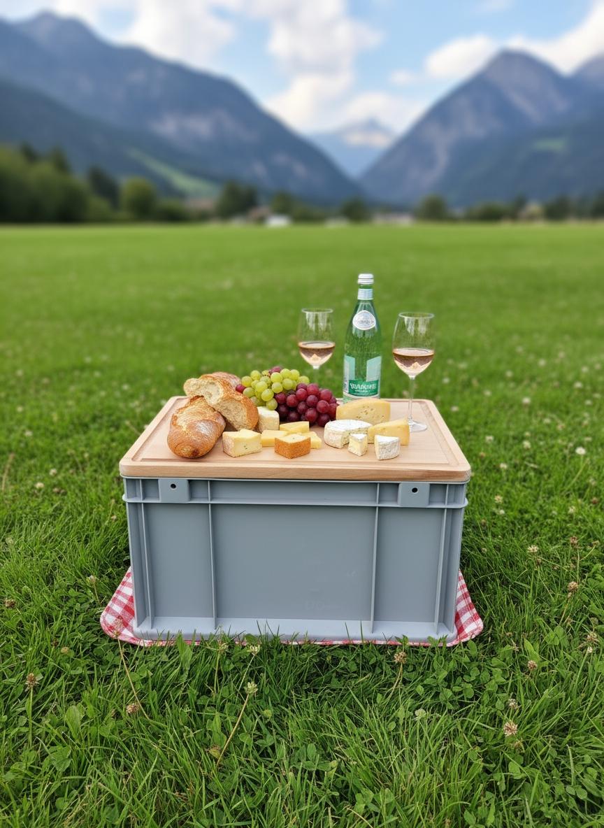 Brotzeitbrett und Eurobox Deckel aus Buche, Sitz, Tisch und Schneidebrett