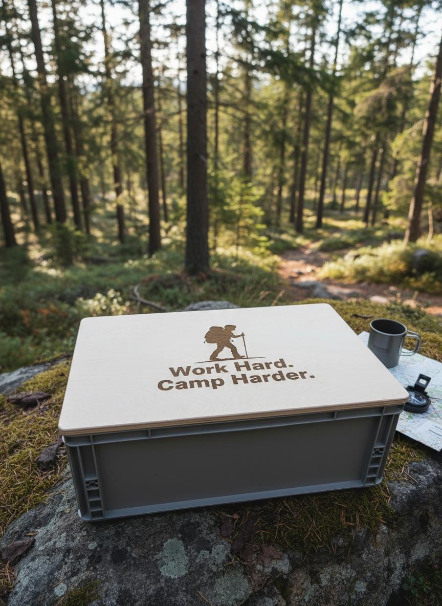 Eurobox Deckel Multiplex Birke 18mm, personalisierbar mit eigenem Logo und Schriftzug, Lasergravur, Camping Zubehör, Camping Geschenk