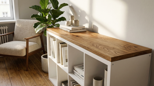 IKEA Kallax Regal mit Deckplatte aus Wildeiche im Wohnzimmer