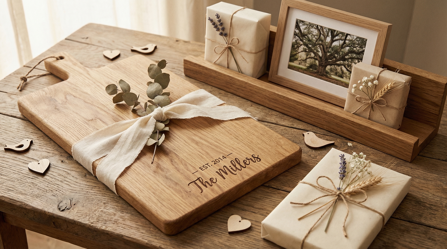 Geschenke aus Holz zur hoelzernen Hochzeit auf einem Eichentisch arrangiert