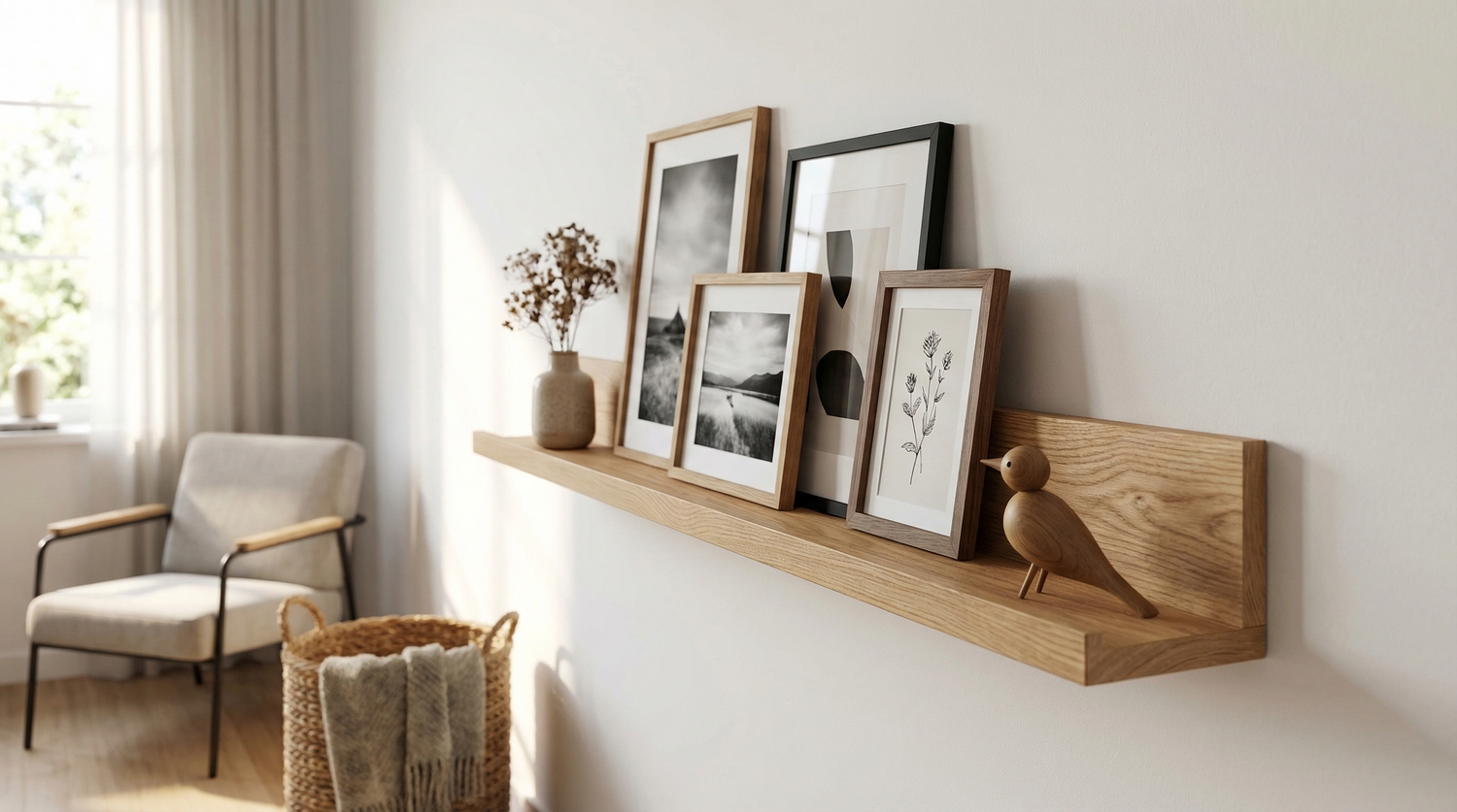 Bilderleiste aus Eichenholz an weißer Wand