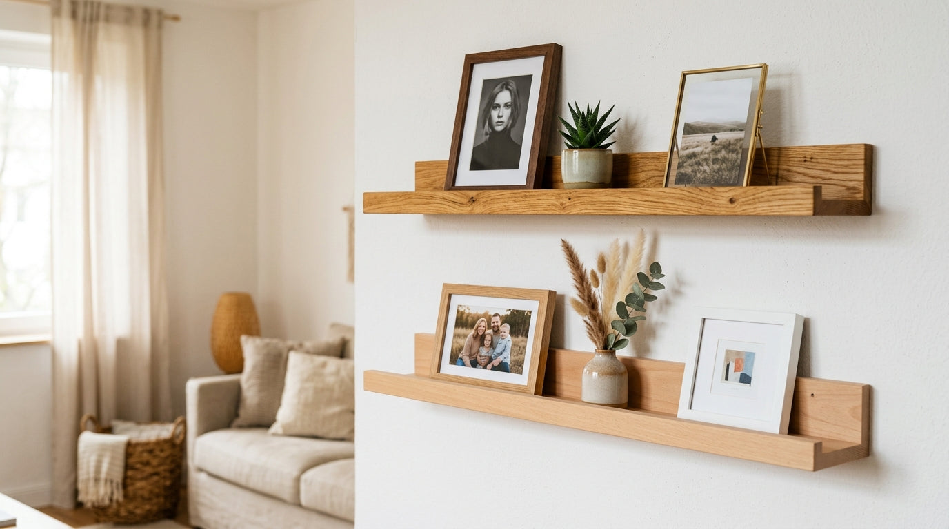 Bilderleiste Holz Eiche vs Buche — Massivholz Vergleich an weißer Wand
