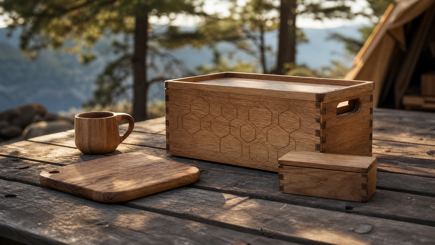 Holz-Camping-Gadgets auf einem Picknicktisch im Wald