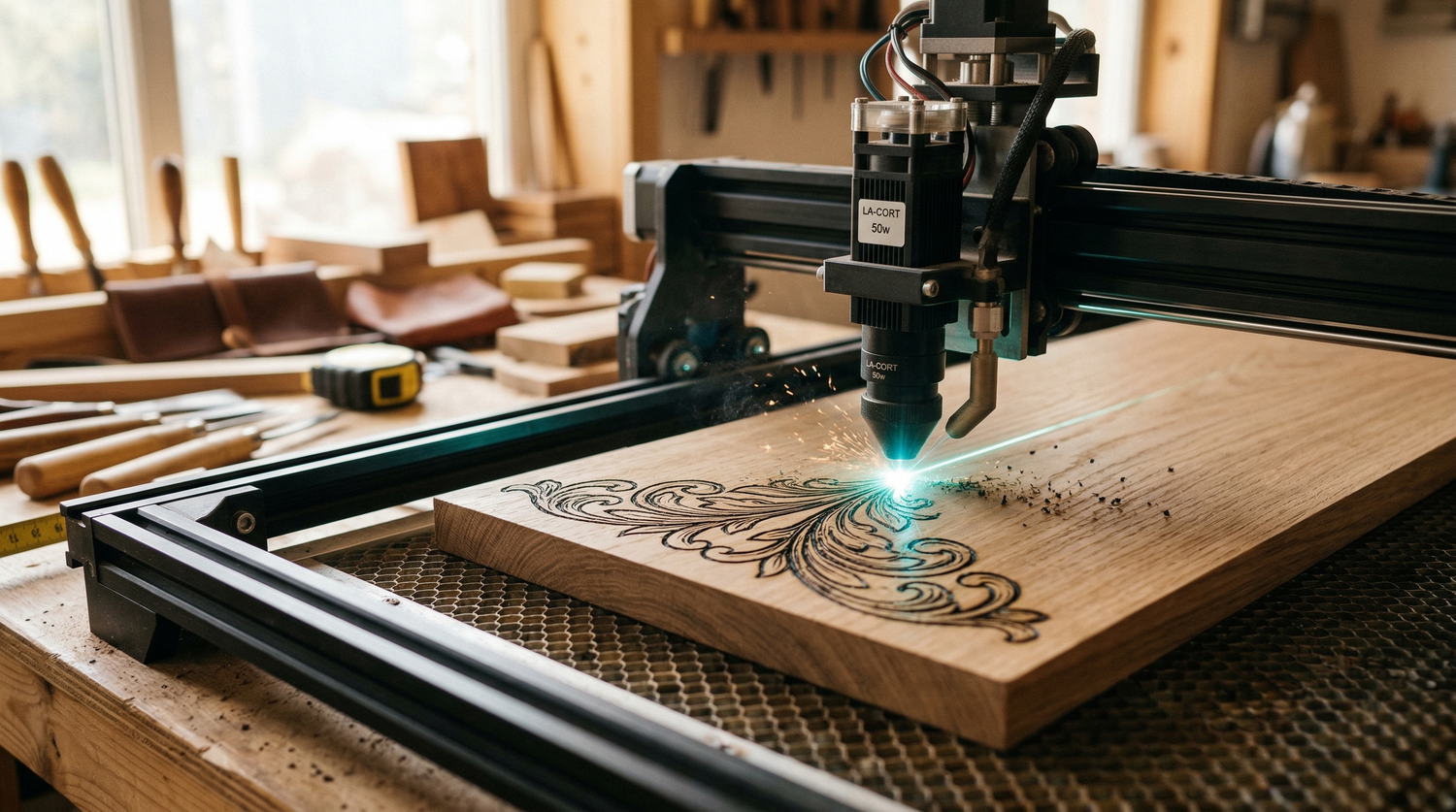 Lasergravur auf Holzoberfläche Nahaufnahme Holz gravieren