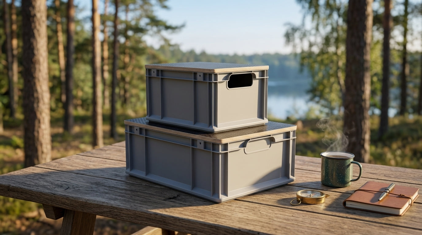Eurobox Deckel Holz mit Hexagon-Struktur im Camping-Einsatz — Bestseller 2026