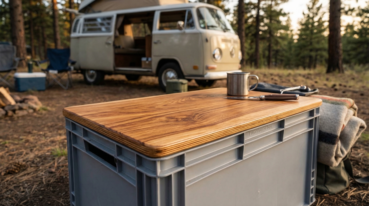 Handgefertigter Holzdeckel auf grauer Eurobox beim Camping