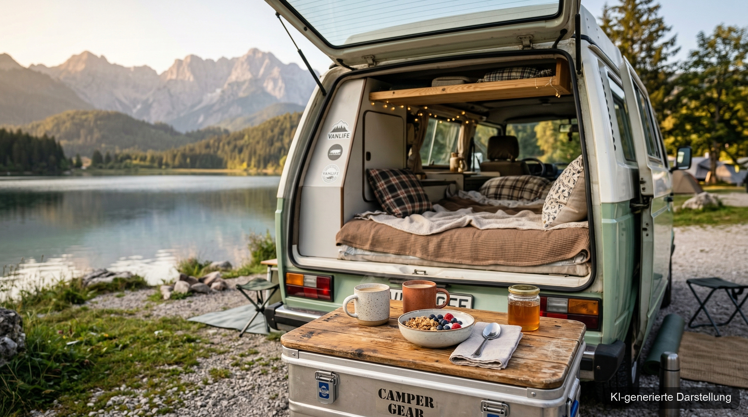 Vanlife Holz-Accessoires VW Bus Eurobox Camping (KI-generierte Darstellung)