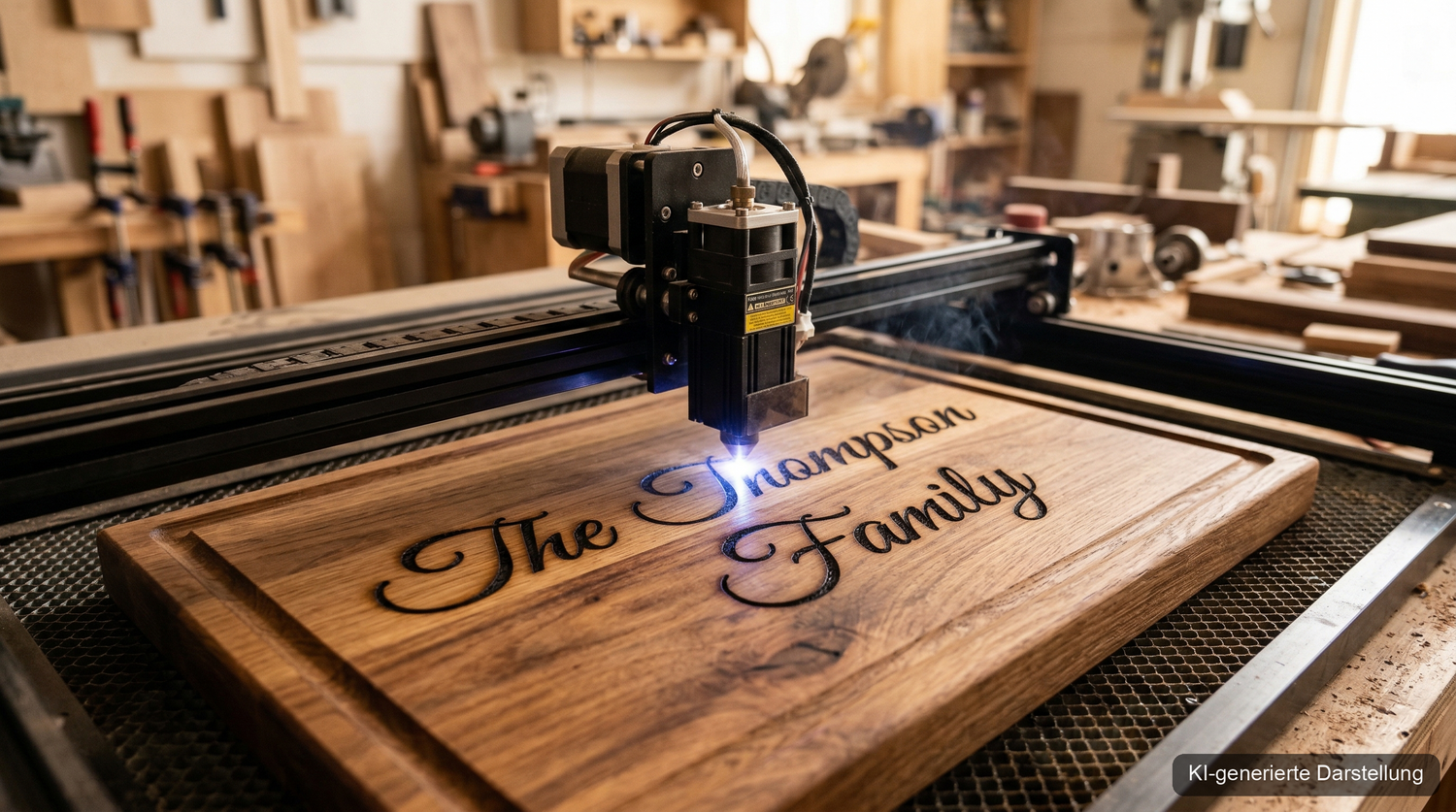 Lasergravur auf Holzbrett Personalisierung Holzprodukte (KI-generierte Darstellung)