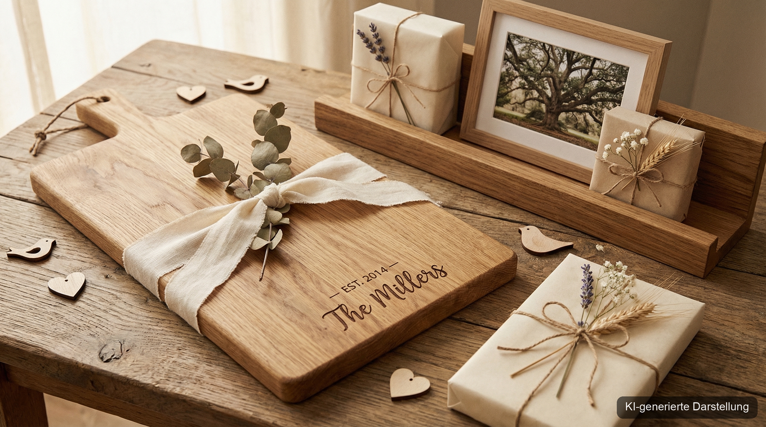 Geschenke aus Holz zur hoelzernen Hochzeit auf einem Eichentisch arrangiert (KI-generierte Darstellung)