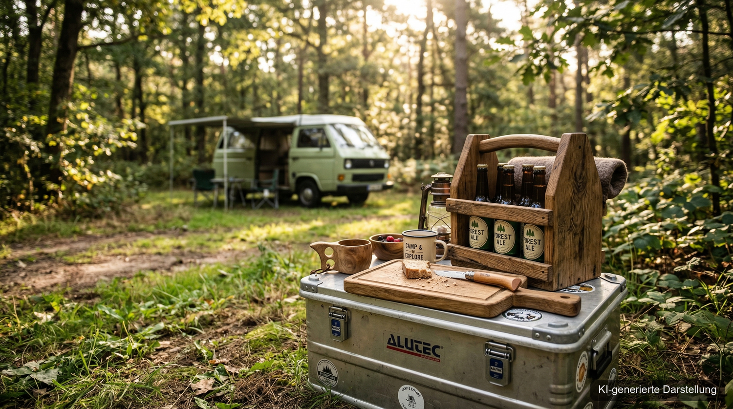Camping Zubehör aus Holz Eurobox Deckel Bierkastensitz Outdoor (KI-generierte Darstellung)