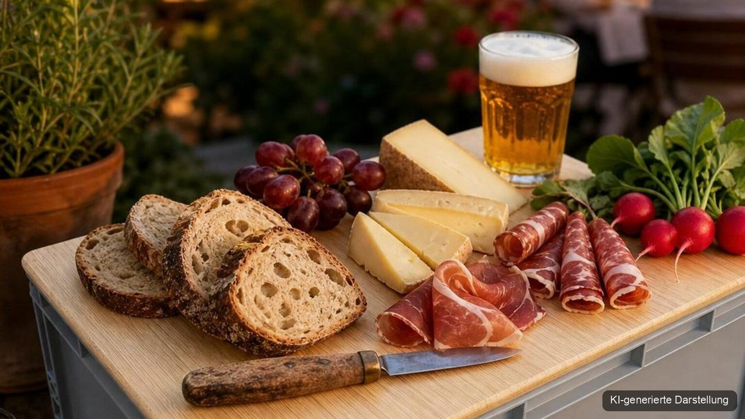 Bambus-Brotzeitbrett mit Brot, Käse und Schinken auf einer Eurobox im Garten (KI-generierte Darstellung)