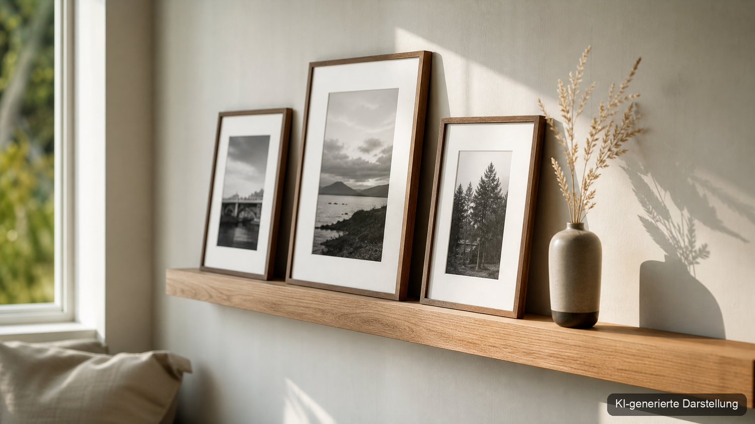 Bilderleiste aus Eichenholz mit drei gerahmten Fotografien an einer hellen Wand (KI-generierte Darstellung)