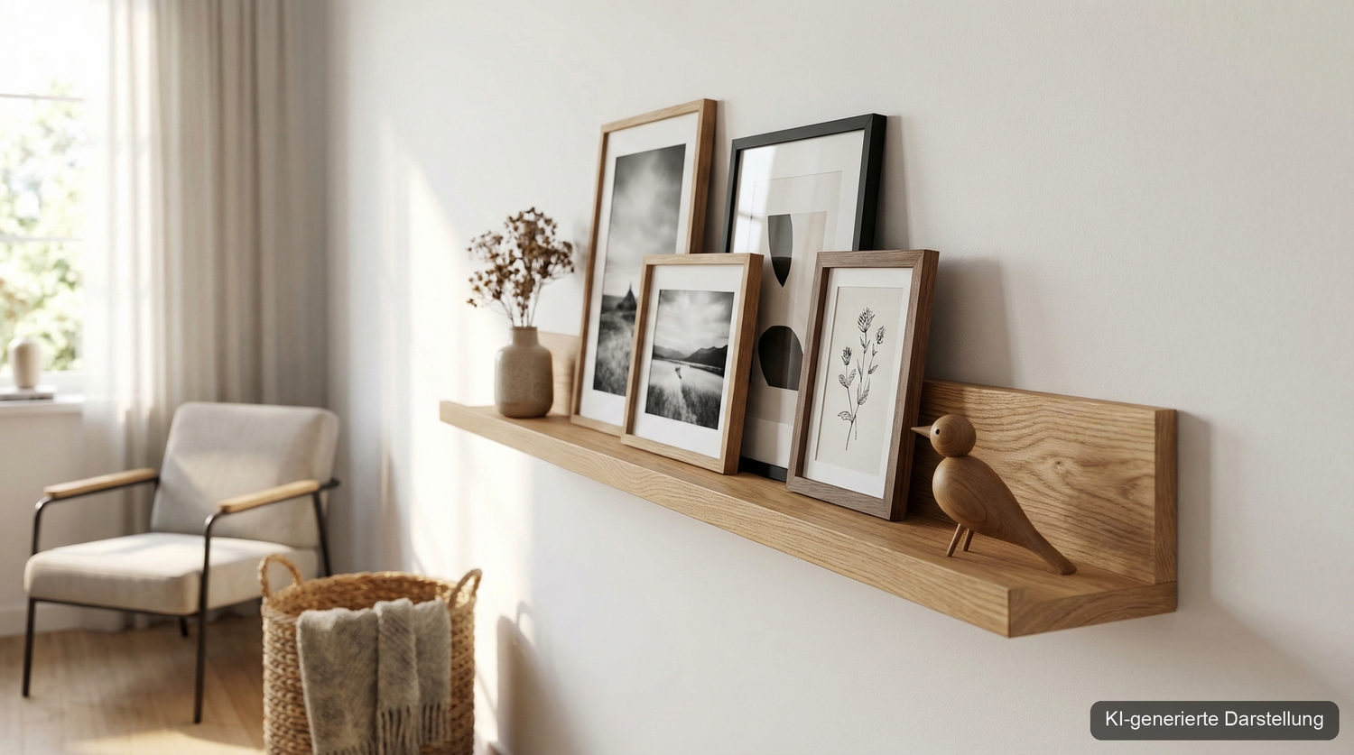 Bilderleiste aus Eichenholz an weißer Wand (KI-generierte Darstellung)