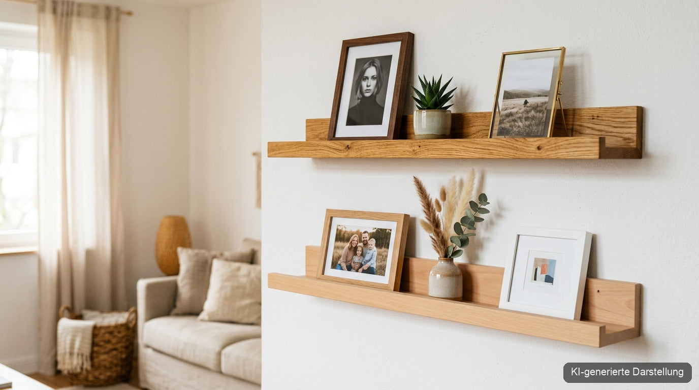 Bilderleiste Holz Eiche vs Buche — Massivholz Vergleich an weißer Wand (KI-generierte Darstellung)