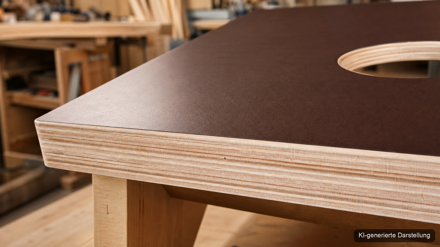 Cornhole-Brett aus Phenol-beschichtetem Birken-Multiplex 24 mm, Detailansicht der Kante mit sichtbaren Schichten (KI-generierte Darstellung)