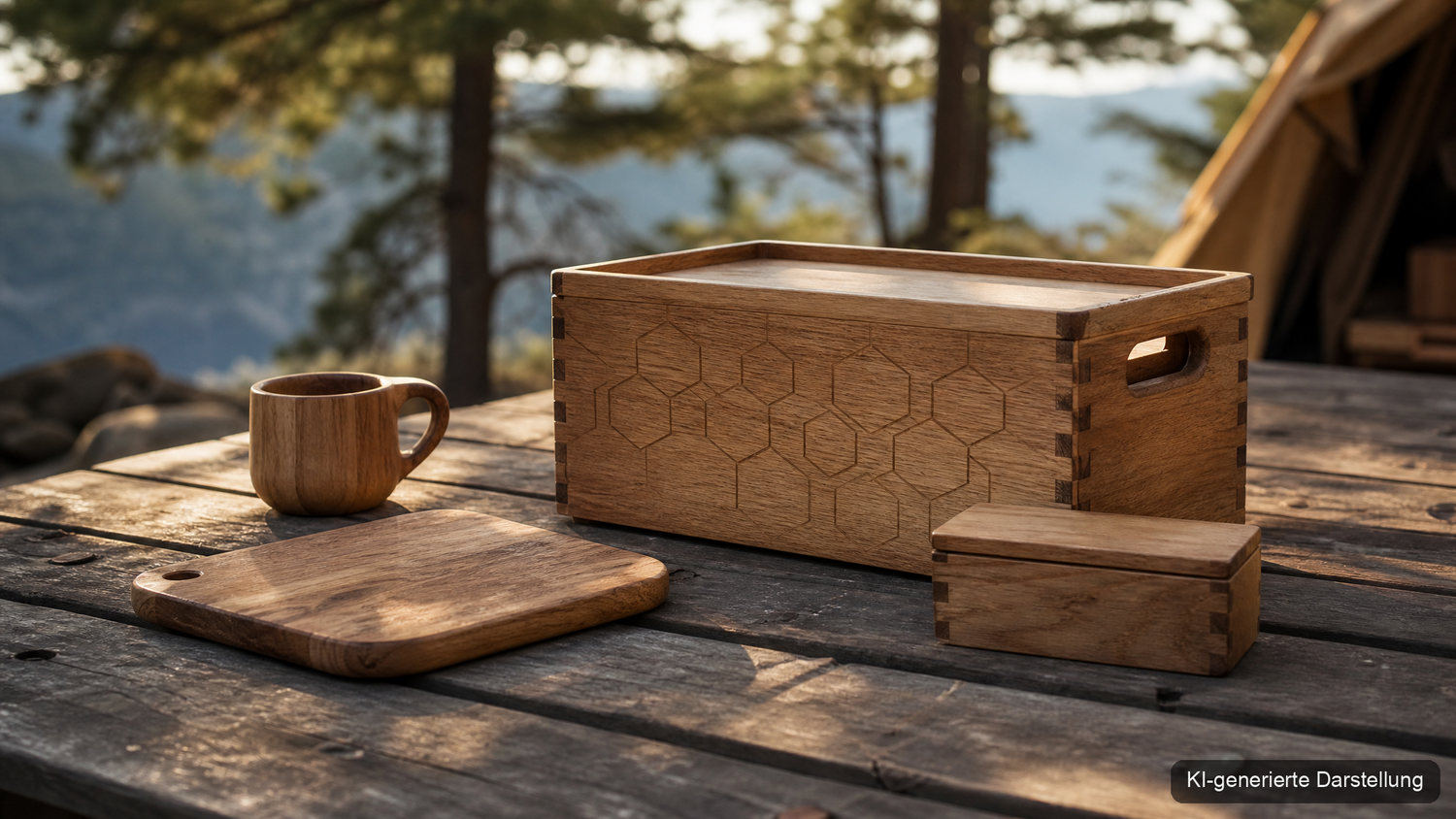 Holz-Camping-Gadgets auf einem Picknicktisch im Wald (KI-generierte Darstellung)