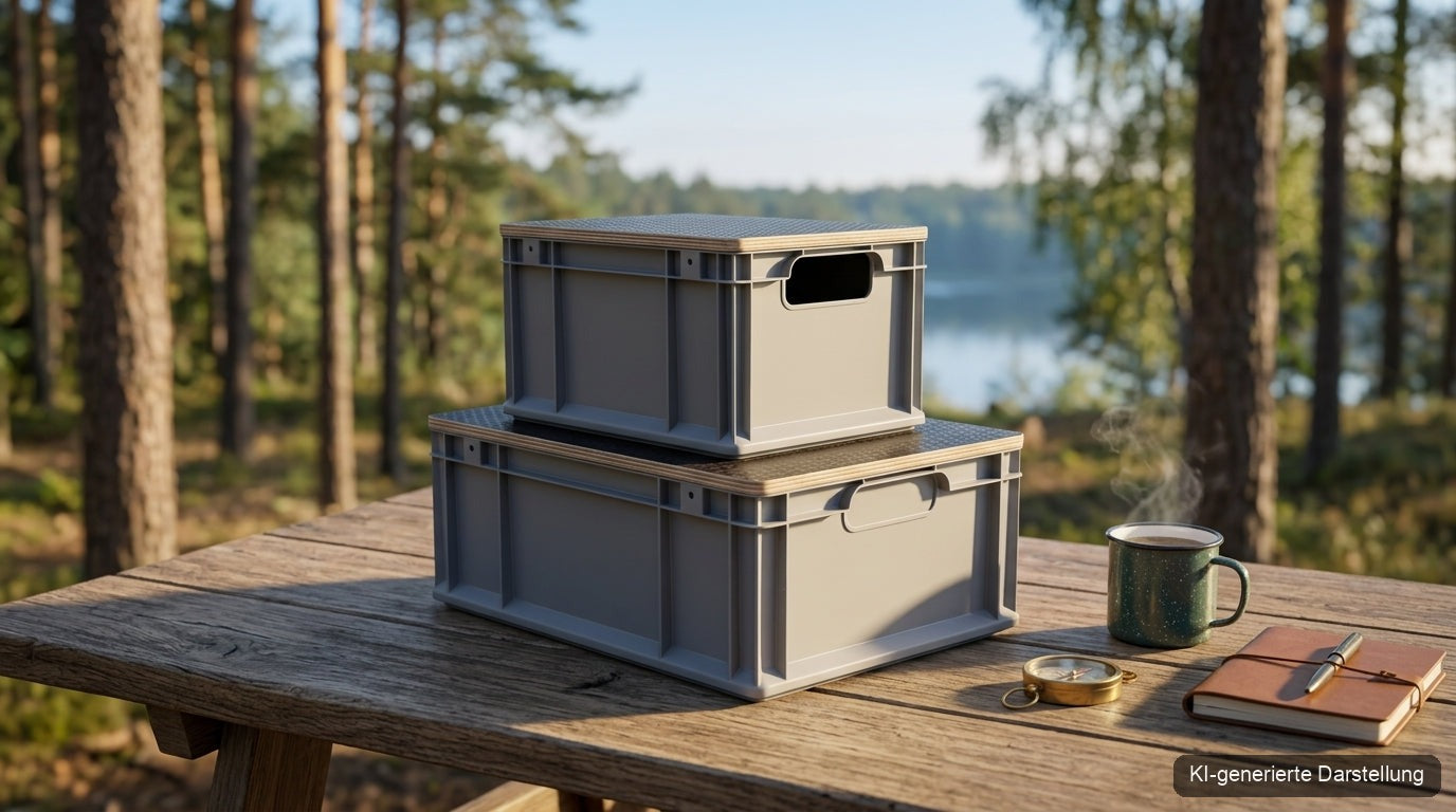 Eurobox Deckel Holz mit Hexagon-Struktur im Camping-Einsatz — Bestseller 2026 (KI-generierte Darstellung)
