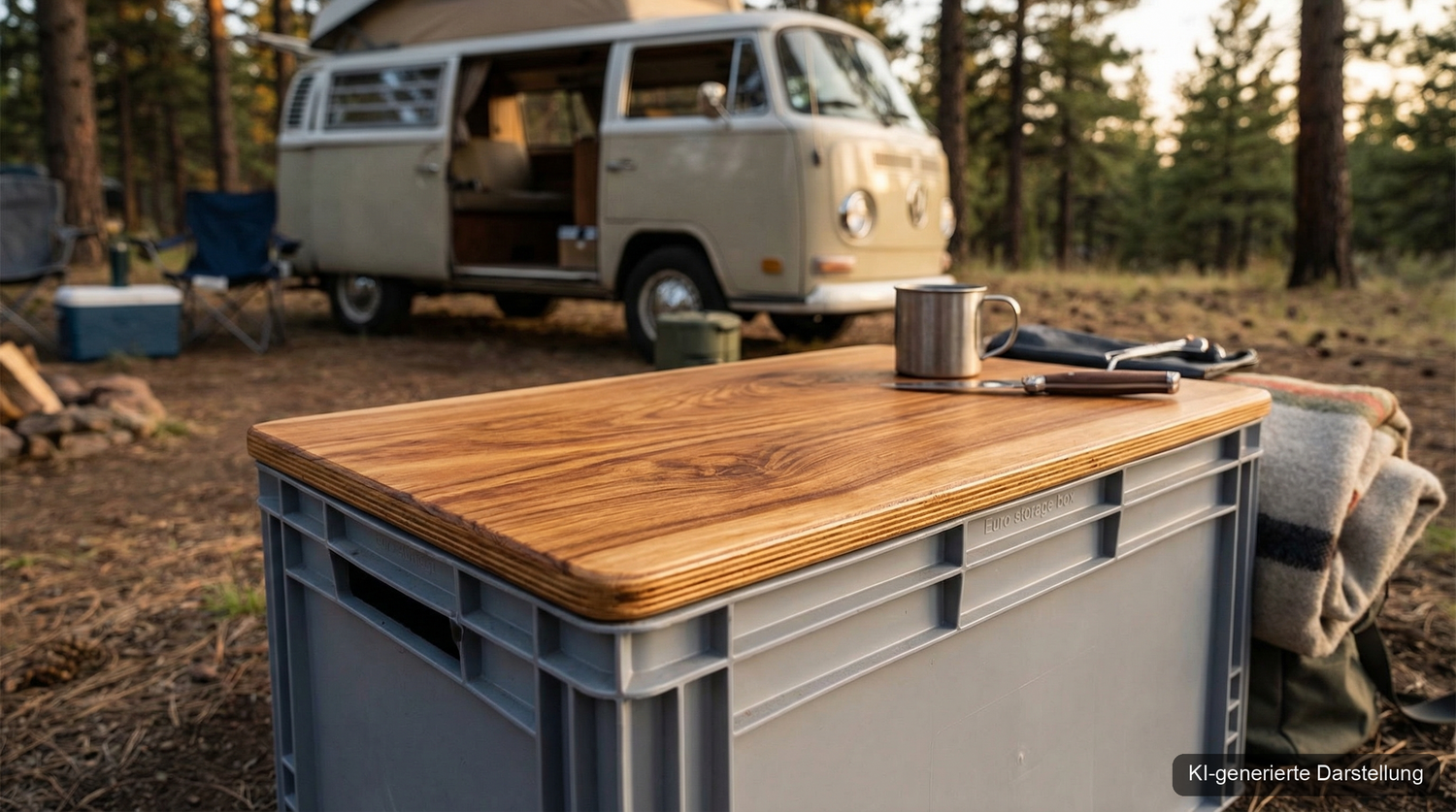 Handgefertigter Holzdeckel auf grauer Eurobox beim Camping (KI-generierte Darstellung)