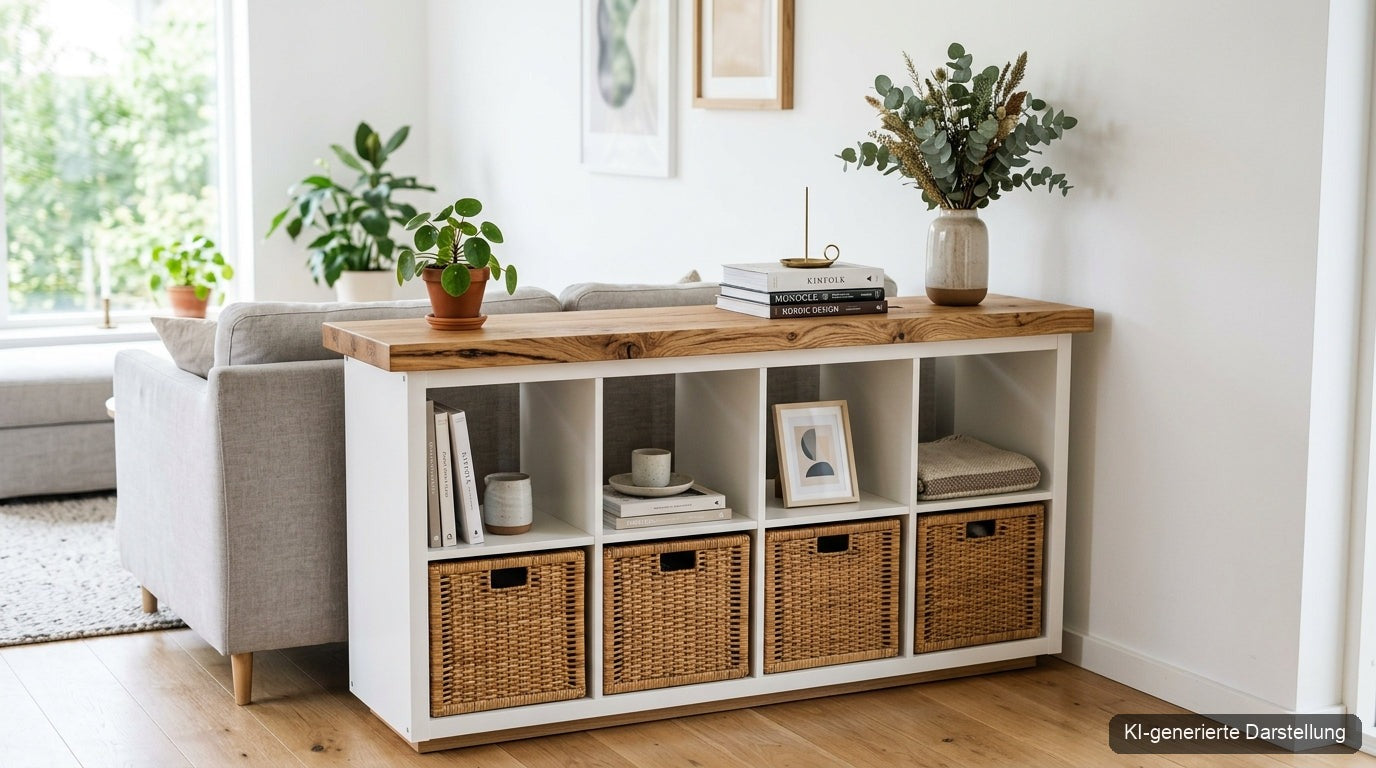 Kallax Deckplatte Holz — Massivholz-Upgrade fuer IKEA Kallax Regal mit Wildeiche (KI-generierte Darstellung)