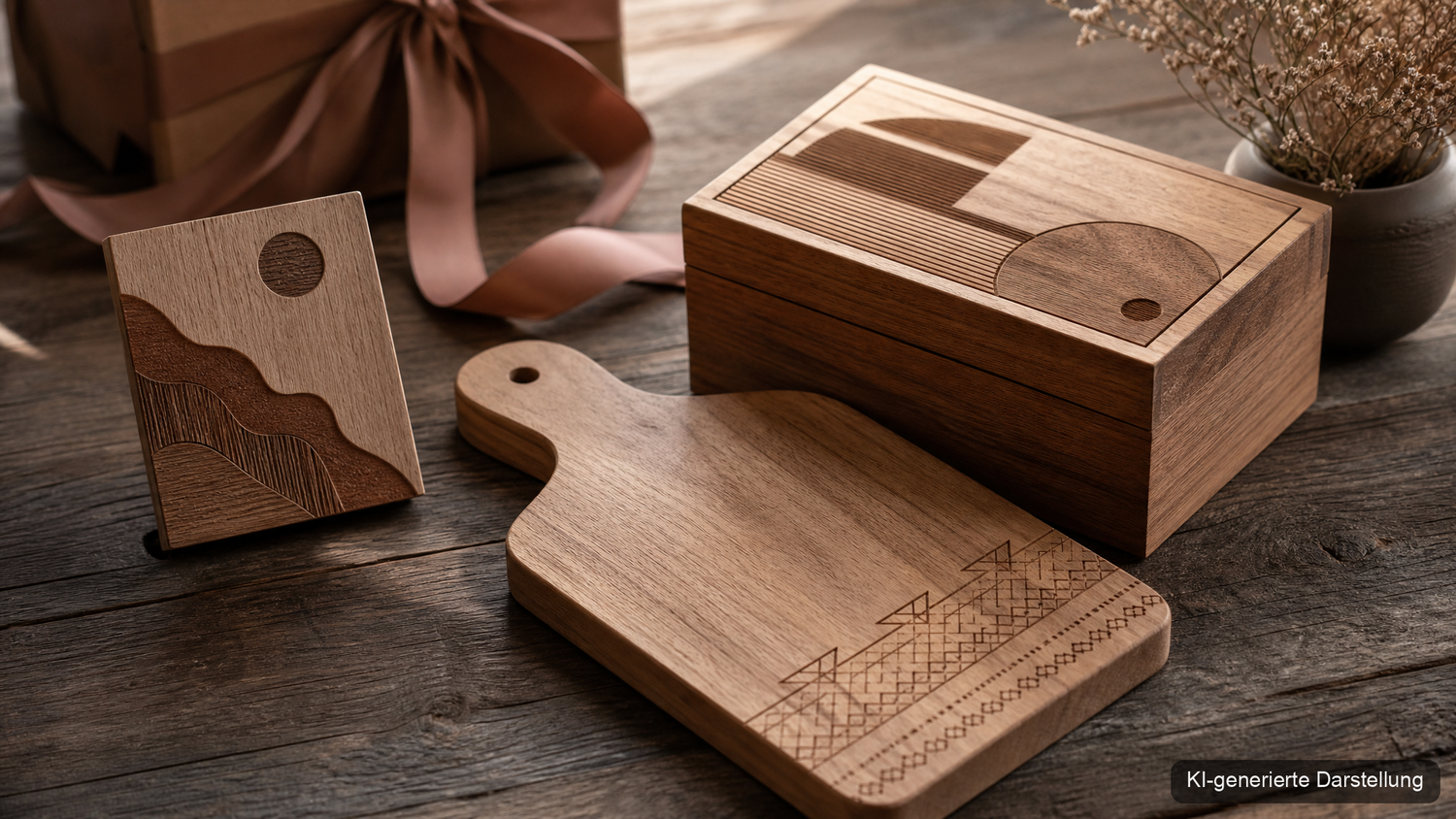 Personalisierte Holzgeschenke mit CNC-Gravur auf einem Holztisch (KI-generierte Darstellung)