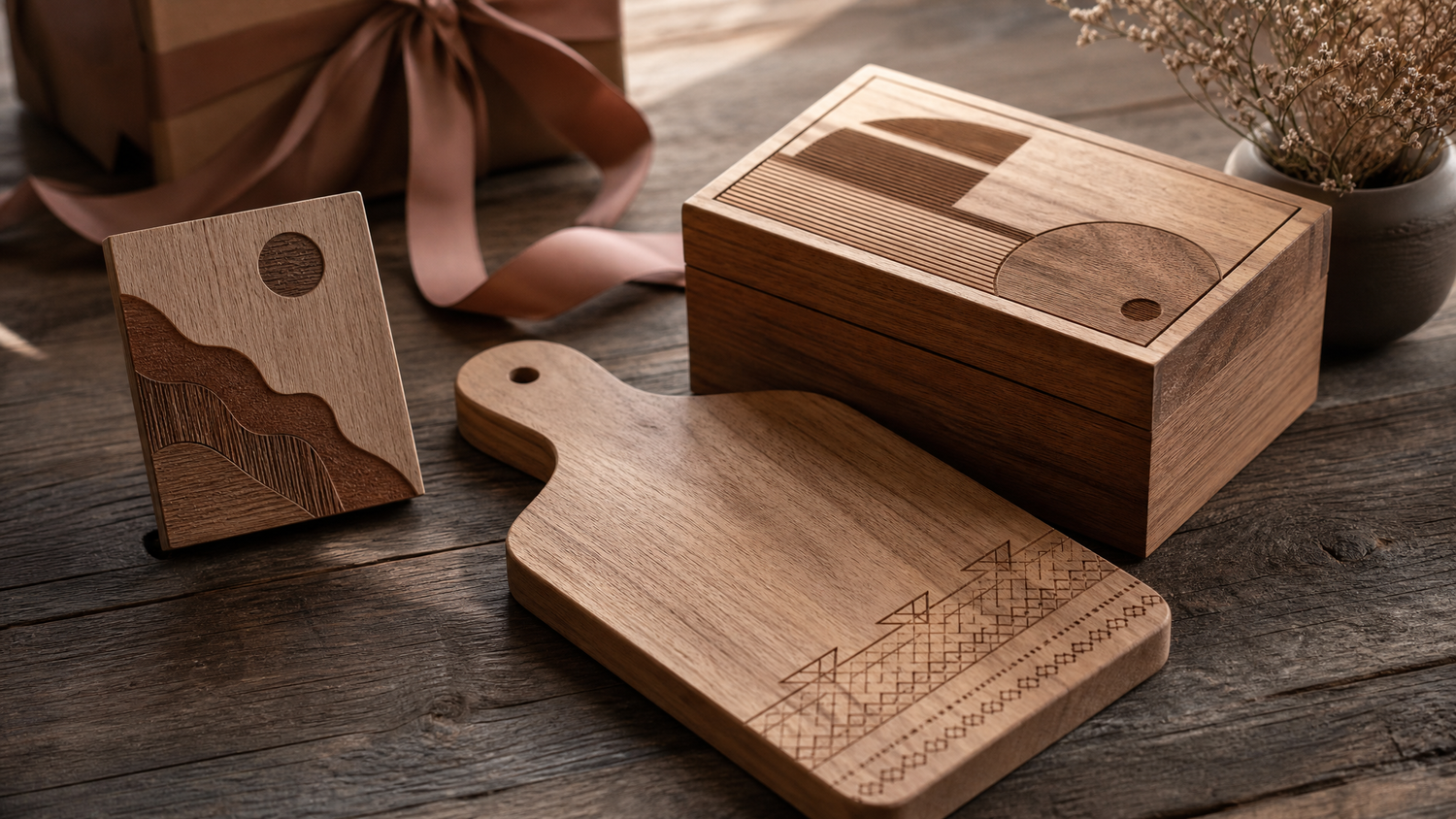 Personalisierte Holzgeschenke mit CNC-Gravur auf einem Holztisch