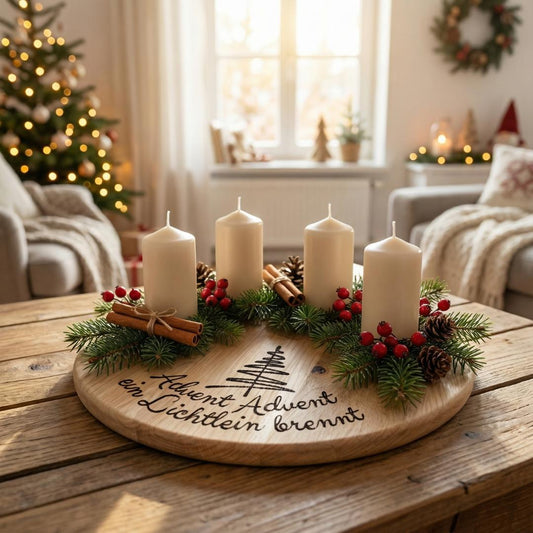 Adventskranz aus massiver Eiche  natürliche Weihnachtsdeko mit Gravur - Gravur: Gravur "Advent"