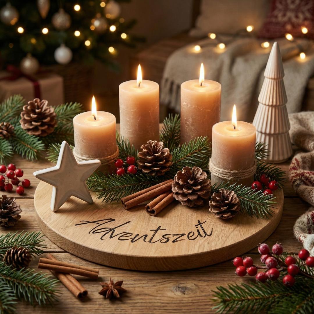 Adventskranz aus massiver Eiche – natürliche Weihnachtsdeko mit Gravur