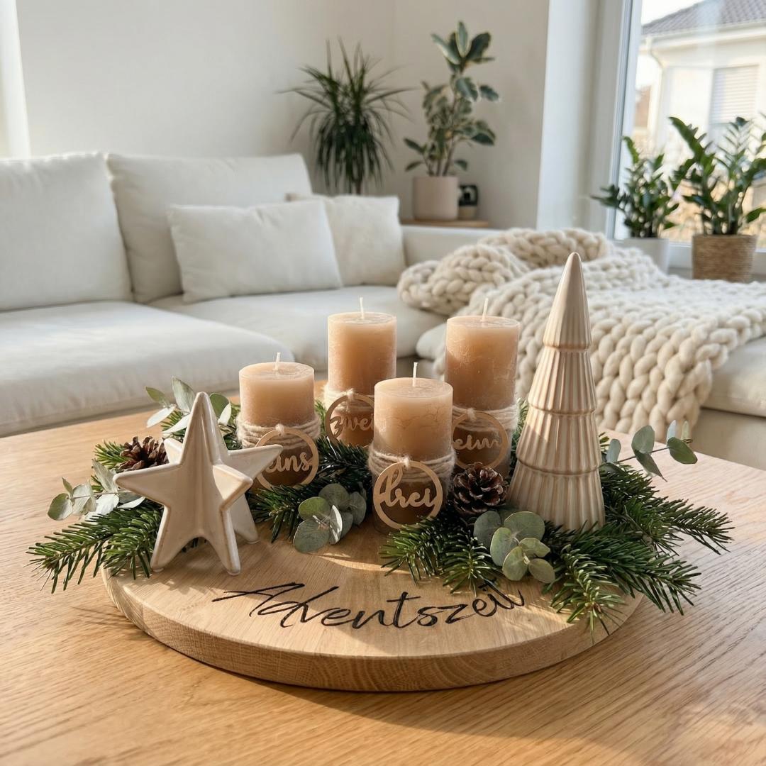 Adventskranz aus massiver Eiche – natürliche Weihnachtsdeko mit Gravur