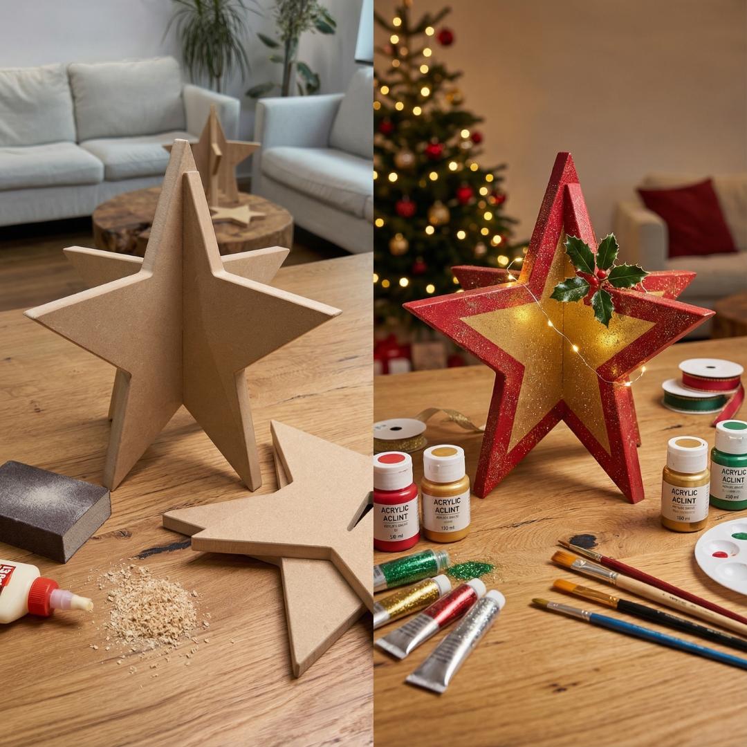 Weihnachtsstern aus MDF, Steckstern 3D, DIY Holzstern zum Bemalen und Dekorieren, Weihnachtsdeko zum Aufstellen