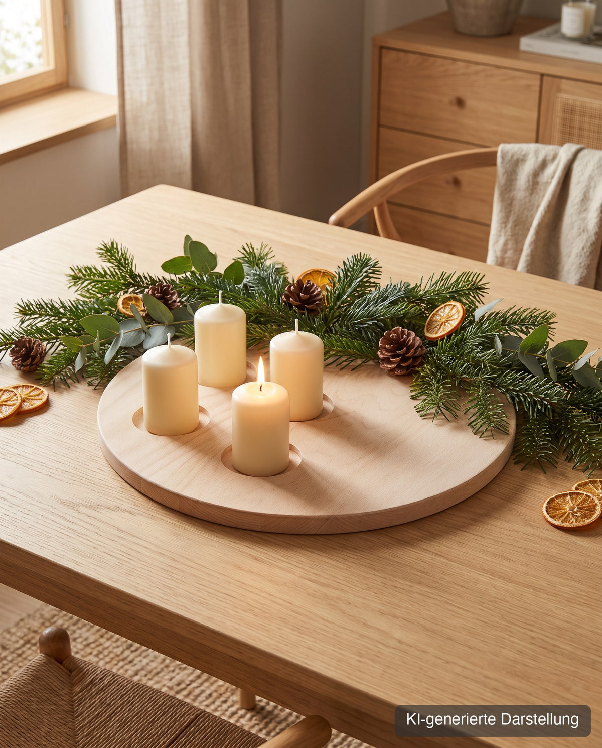 Adventskranz aus Buche, Ø 35 cm, mit Kerzenmulden – KI-generierte Darstellung