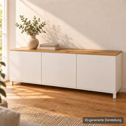 Bestå-Deckplatte aus Wildeiche massiv auf dem IKEA-Möbel (KI-generierte Darstellung)