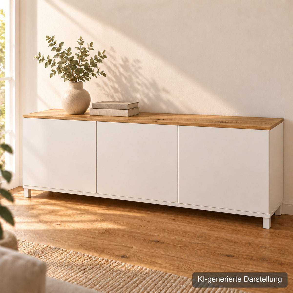 Bestå-Deckplatte aus Wildeiche massiv auf dem IKEA-Möbel (KI-generierte Darstellung)