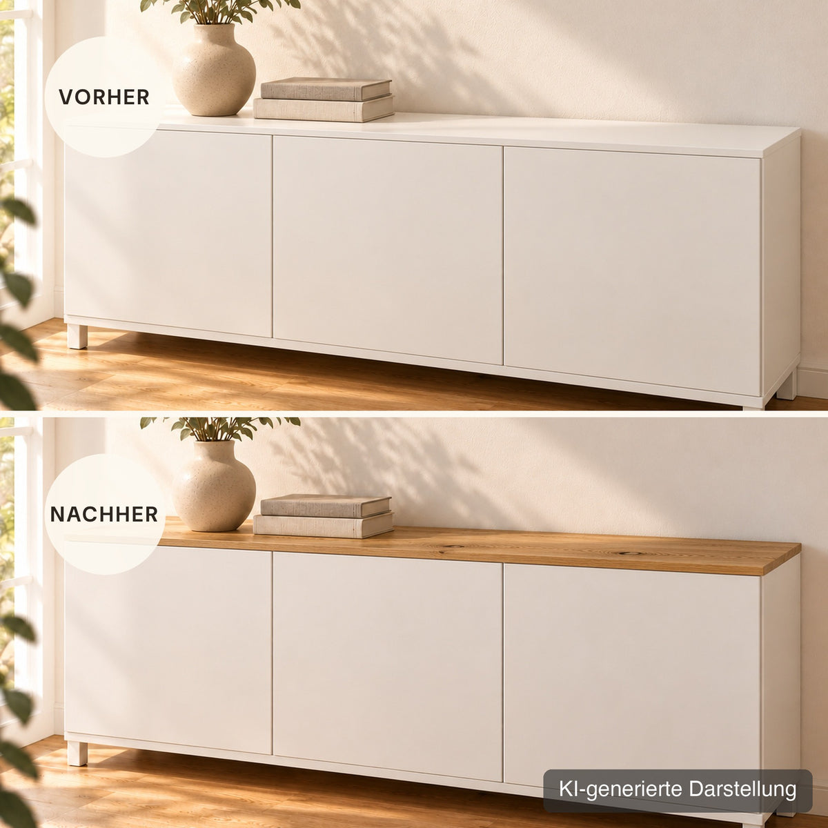 Bestå vorher und nachher mit Deckplatte aus Wildeiche (KI-generierte Darstellung)