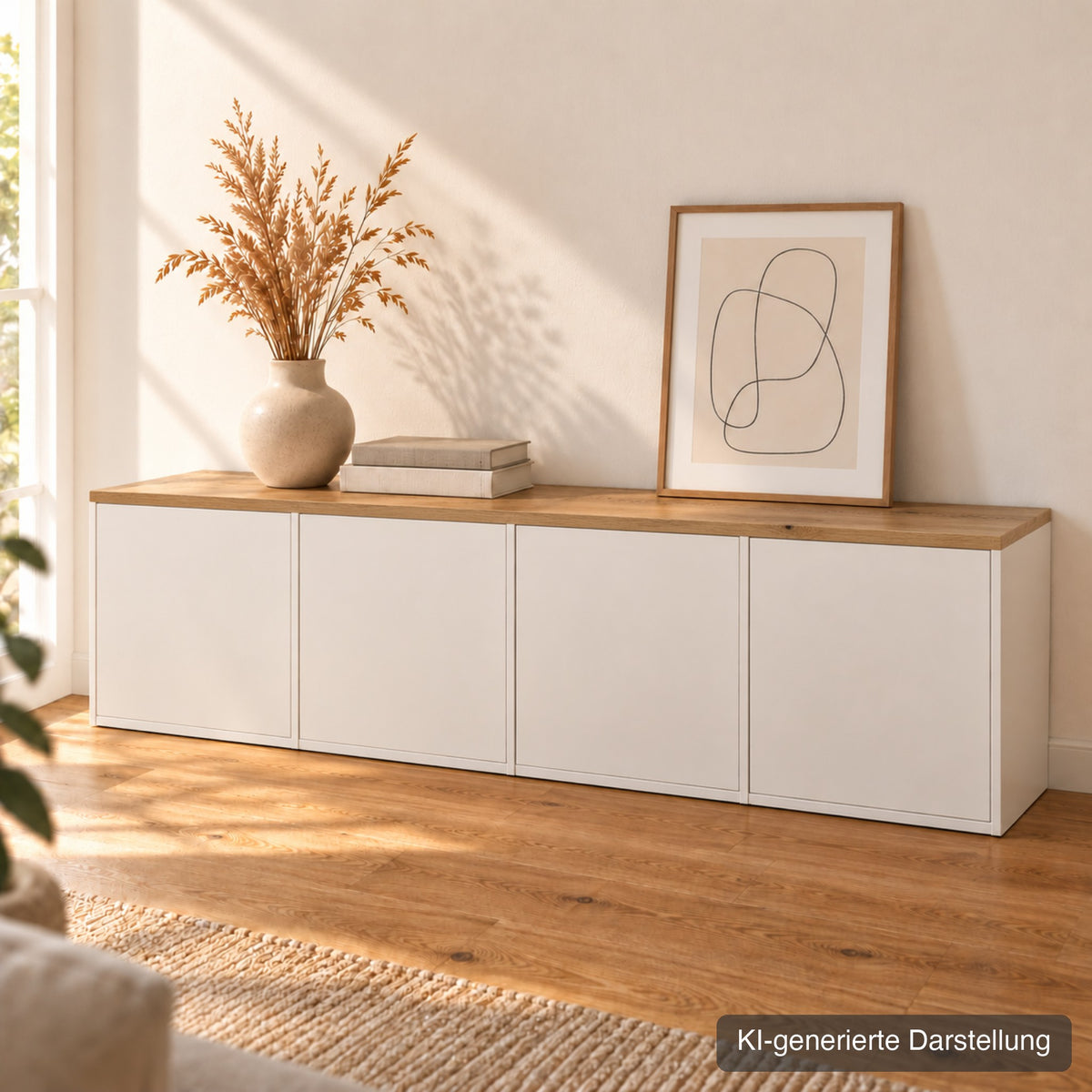 Eket-Deckplatte aus Wildeiche massiv auf dem IKEA-Möbel (KI-generierte Darstellung)
