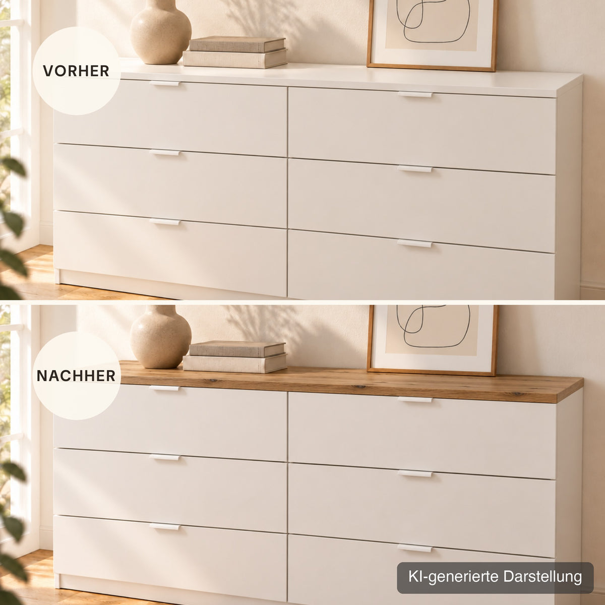 Kullen vorher und nachher mit Deckplatte aus Wildeiche (KI-generierte Darstellung)