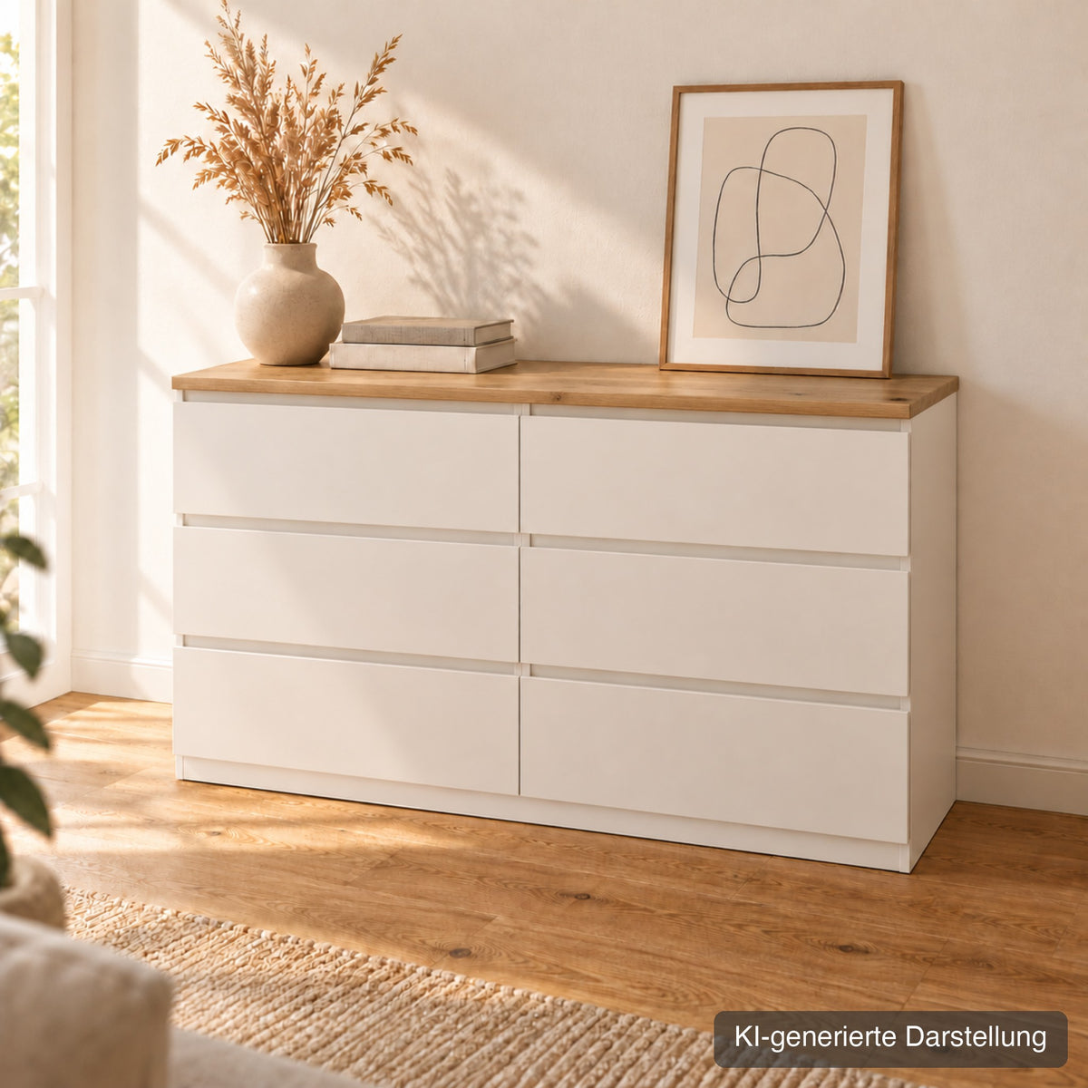 Malm-Deckplatte aus Wildeiche massiv auf dem IKEA-Möbel (KI-generierte Darstellung)