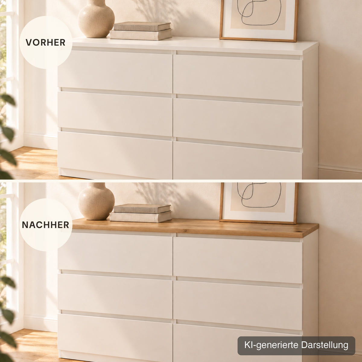 Malm vorher und nachher mit Deckplatte aus Wildeiche (KI-generierte Darstellung)