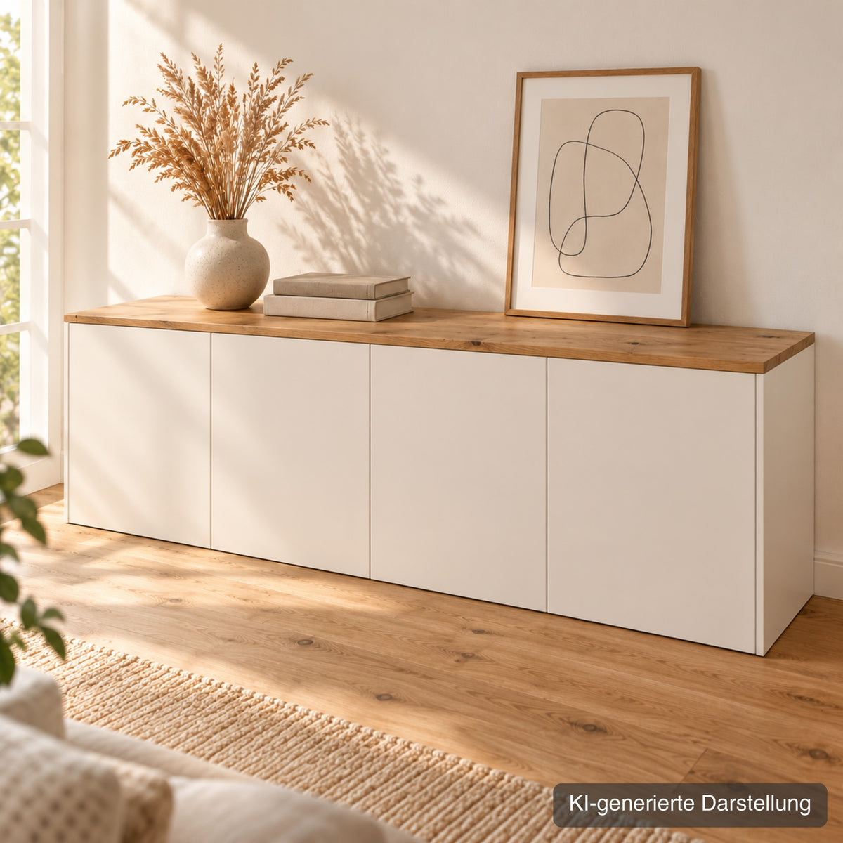 Nach Maß-Deckplatte aus Wildeiche massiv auf einem weißen Sideboard (KI-generierte Darstellung)