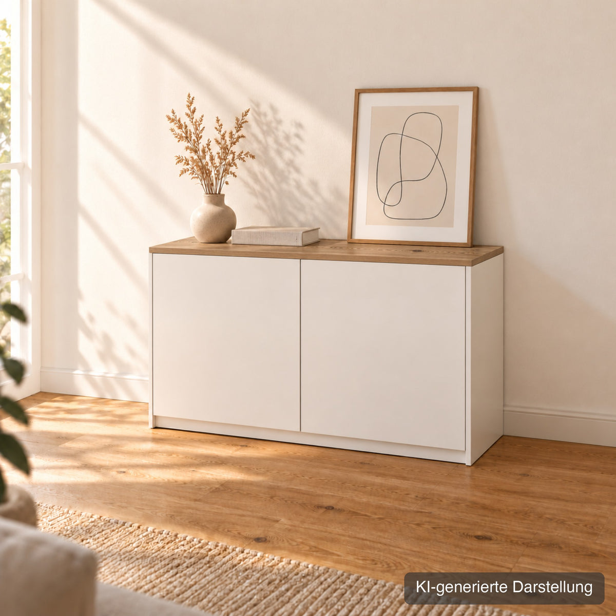 Platsa-Deckplatte aus Wildeiche massiv auf dem IKEA-Möbel (KI-generierte Darstellung)