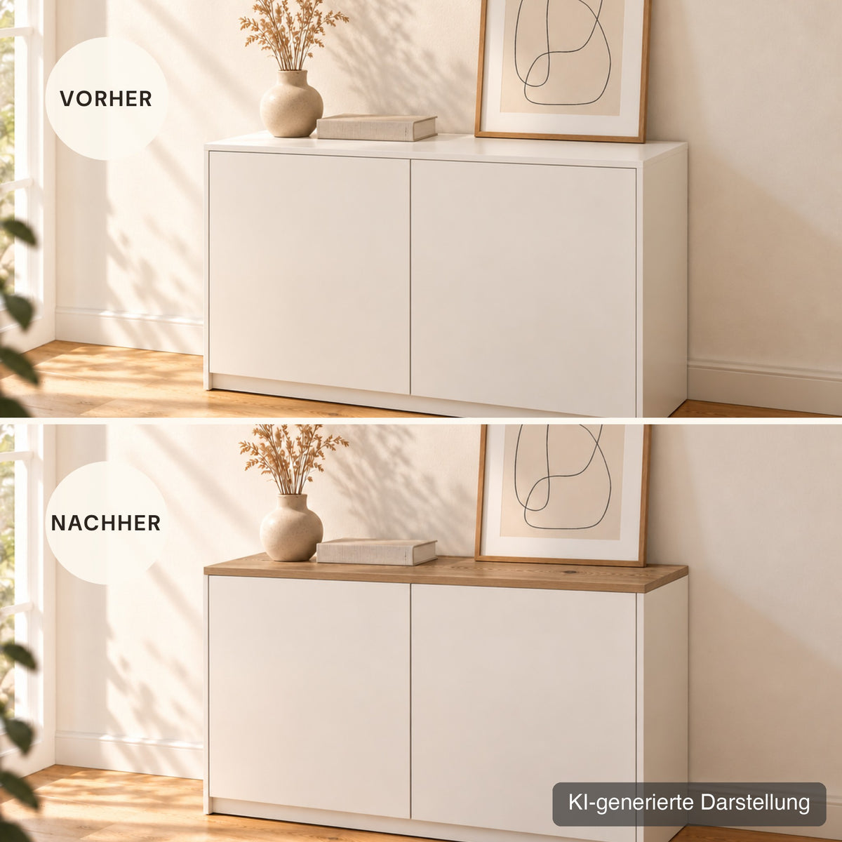 Platsa vorher und nachher mit Deckplatte aus Wildeiche (KI-generierte Darstellung)