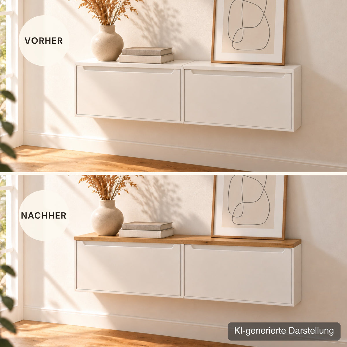 Trones vorher und nachher mit Deckplatte aus Wildeiche (KI-generierte Darstellung)