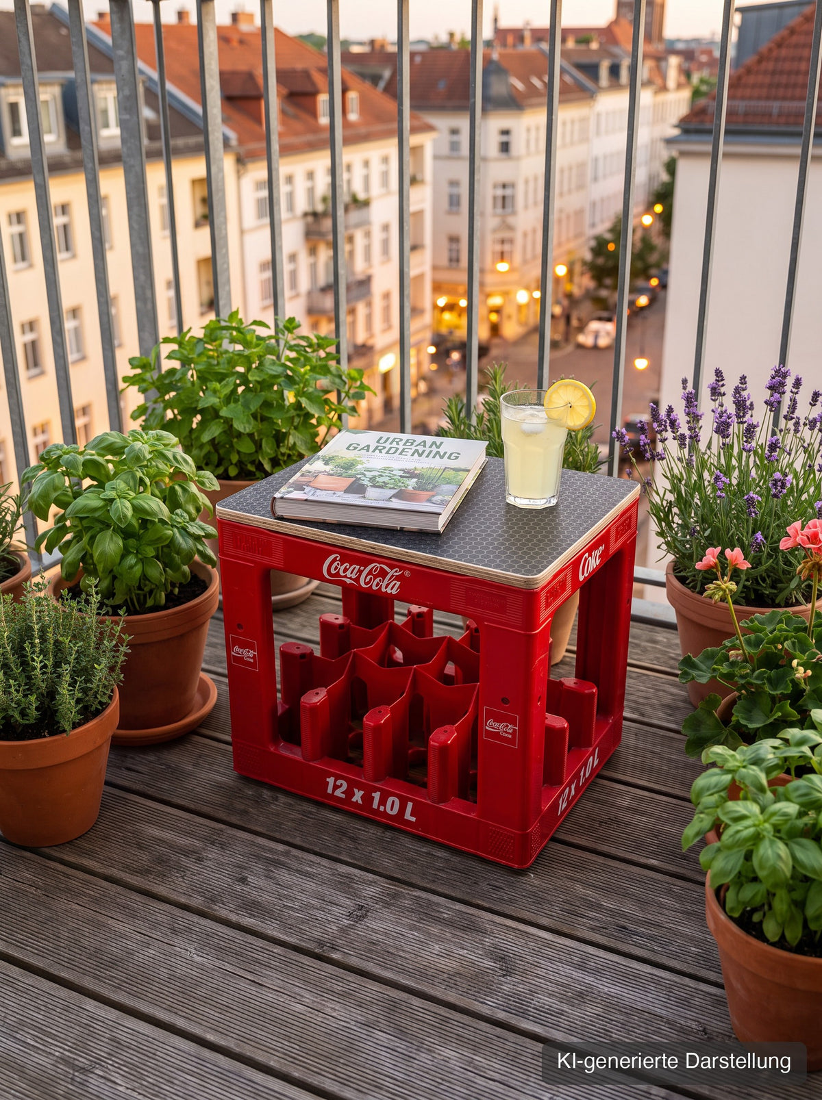 Cola-Kastensitz mit Hexagon-Deckel als Beistelltisch auf dem Balkon