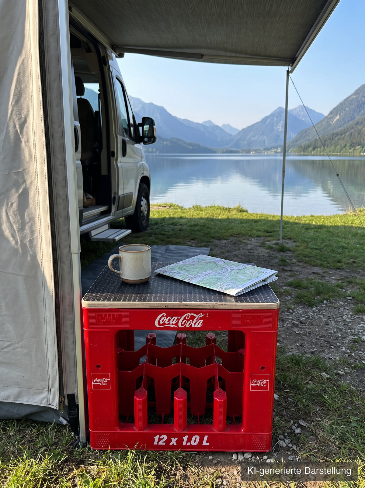 Cola-Kastensitz mit Hexagon-Deckel beim Camping am See