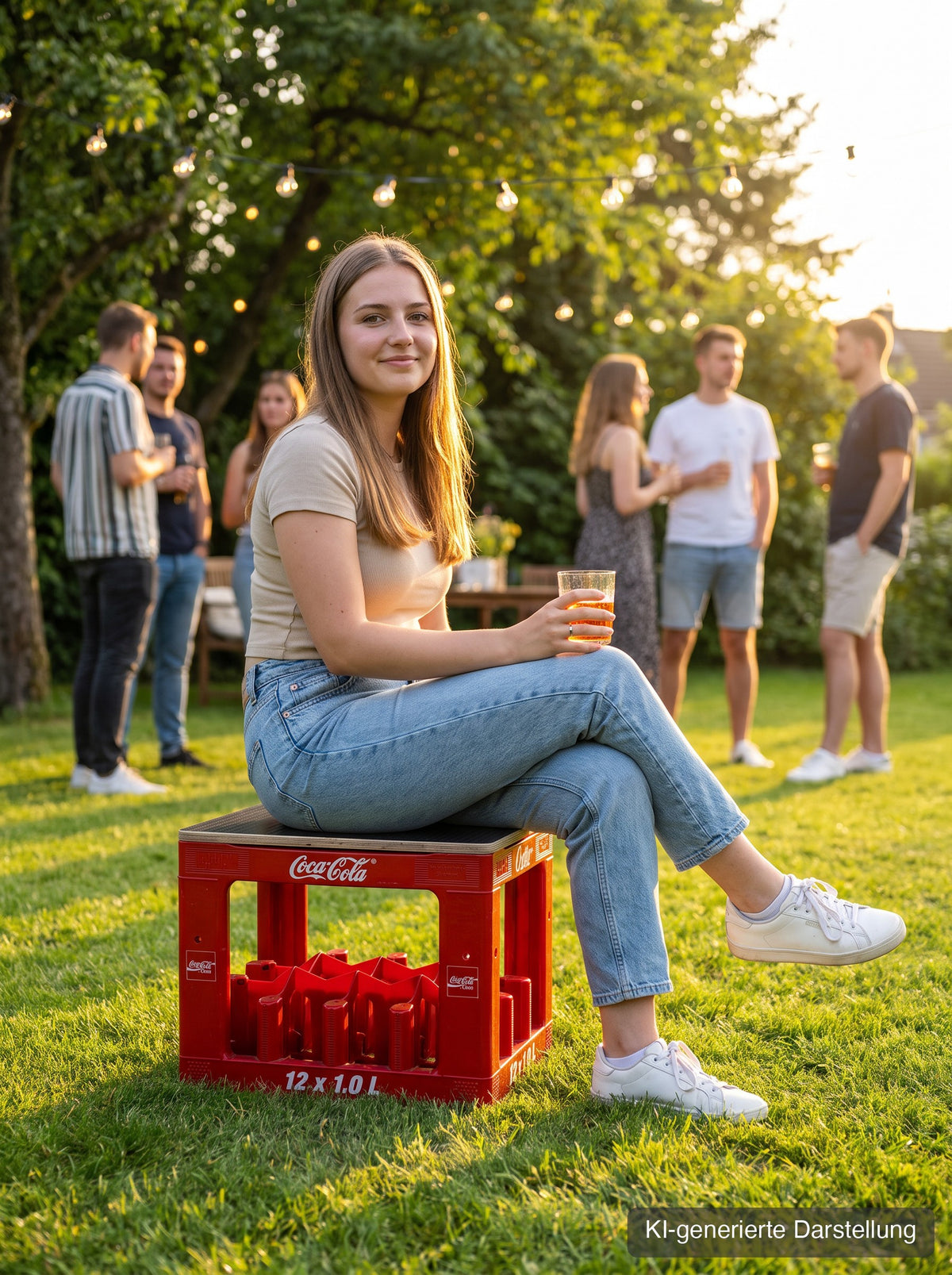 Cola-Kastensitz mit Hexagon-Deckel als Sitz bei der Gartenparty