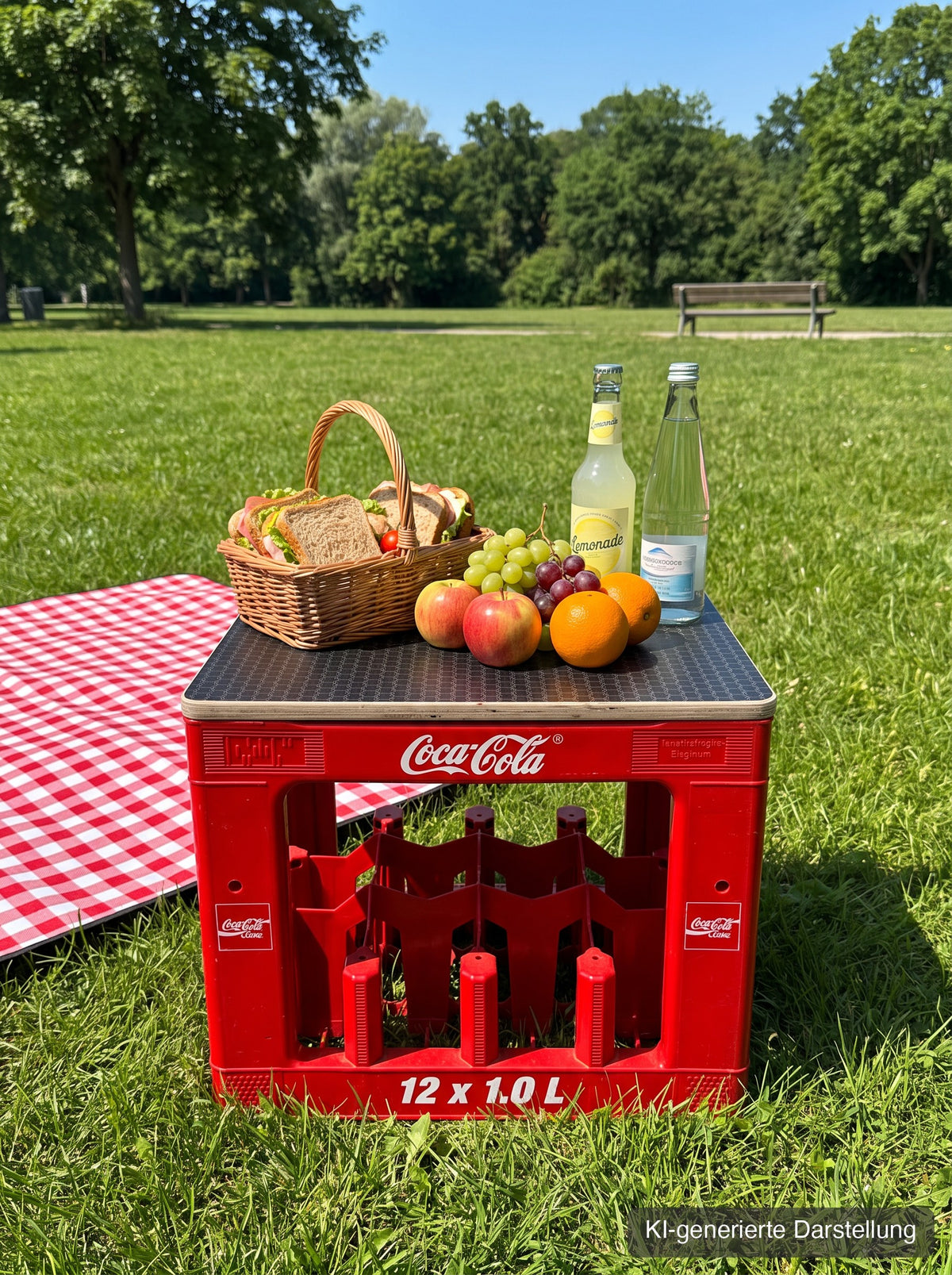 Cola-Kastensitz mit Hexagon-Deckel als Picknicktisch im Park