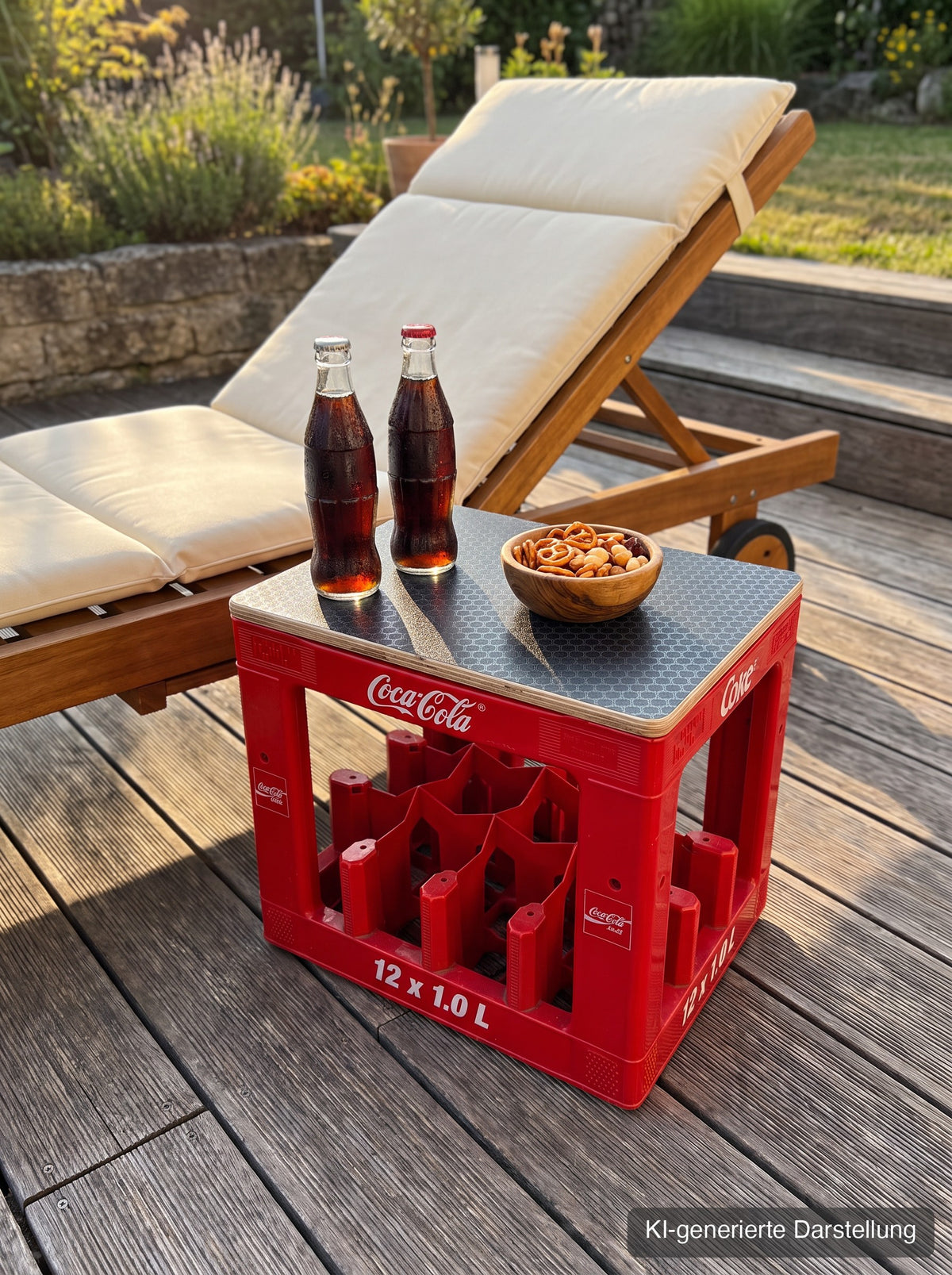 Cola-Kastensitz mit Hexagon-Deckel als Beistelltisch auf der Terrasse