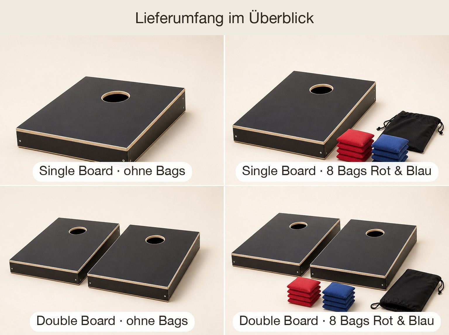 Lieferumfang im Überblick. Single/Double Board mit oder ohne 8 Bean Bags