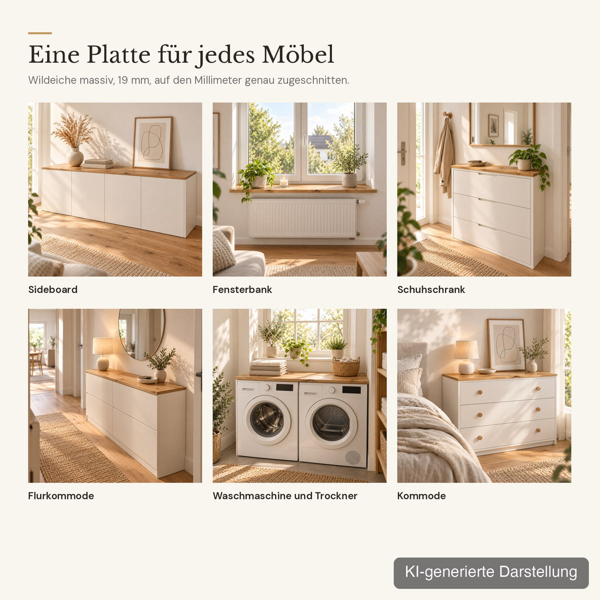 Eine Platte für jedes Möbel: Deckplatte nach Maß aus Wildeiche auf Sideboard, Schuhschrank, Kommode, Waschmaschine und als Fensterbank (KI-generierte Darstellung)